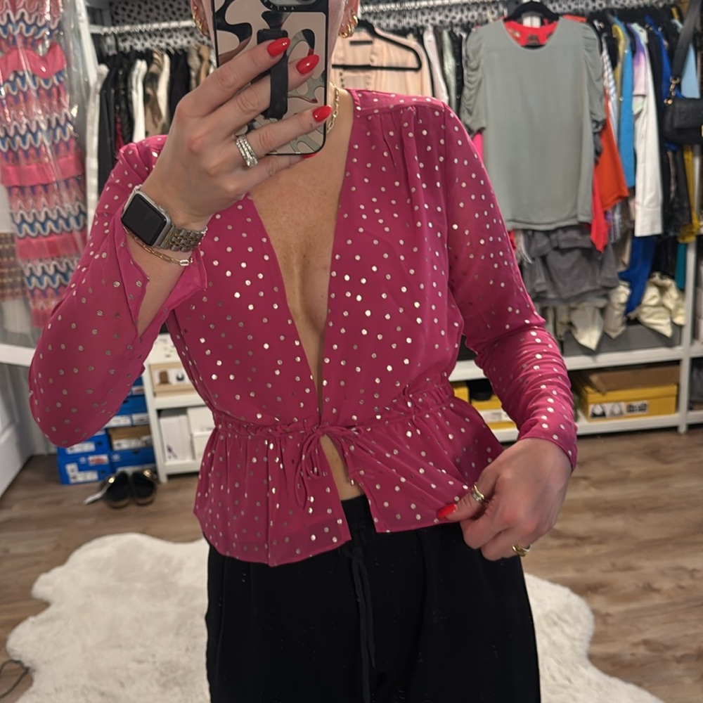 THE EAST ORDER Taylor Long Sleeve Tie Waist Bright Pink Metallic Dot Top - Picture 9 of 12